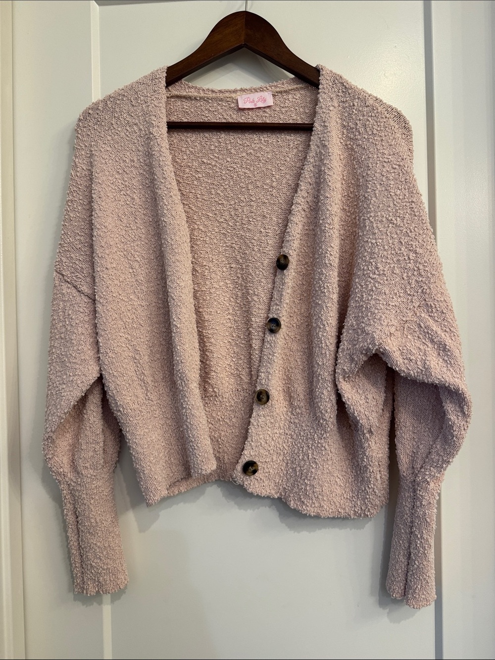 Pink Lily Blush Bouclé Button Cardigan